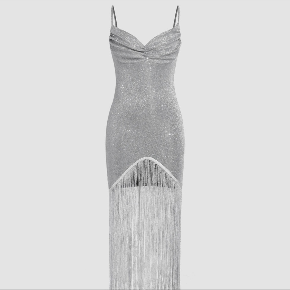 Silver Sparkly Fringe Midi Dress